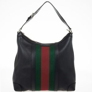 Gucci Black Leather Red Green Stripe Hobo